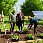 **Prompt:** A diverse group of people planting trees in a community garden, with wind turbines and solar panels in the background. The scene should convey a sense of collaboration, sustainability, and social justice, embodying the balance between climate action and community well-being. Include visual elements representing economic incentives for green practices.