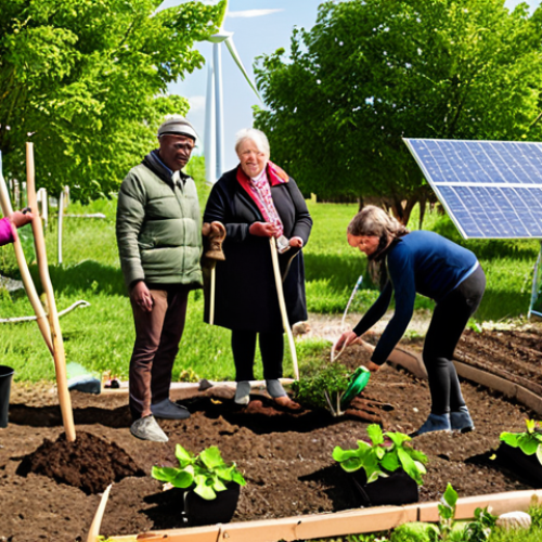 Home 18 **Prompt:** A diverse group of people planting trees in a community garden, with wind turbines and solar panels in the background. The scene should convey a sense of collaboration, sustainability, and social justice, embodying the balance between climate action and community well-being. Include visual elements representing economic incentives for green practices.