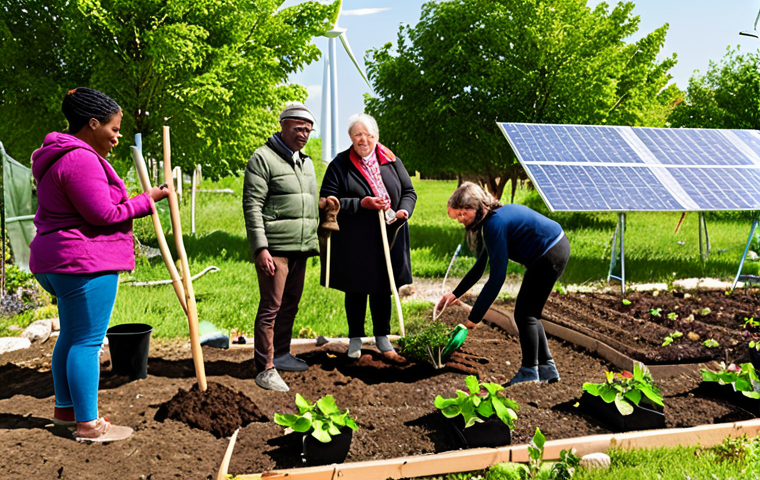 **Prompt:** A diverse group of people planting trees in a community garden, with wind turbines and solar panels in the background. The scene should convey a sense of collaboration, sustainability, and social justice, embodying the balance between climate action and community well-being. Include visual elements representing economic incentives for green practices.