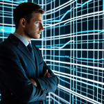 A professional individual, possibly a lawyer or an economist, stands thoughtfully observing a complex holographic projection displaying global carbon emission data and intricate legal frameworks. They are dressed in a tailored, modest business suit, fully clothed, appropriate attire. The setting is a sleek, futuristic conference room with subtle, abstract digital lines symbolizing global connections and legal codes. Faint, glowing data points on the projection illustrate economic sectors, conveying an atmosphere of serious contemplation and problem-solving. safe for work, appropriate content, fully clothed, professional dress, perfect anatomy, correct proportions, natural pose, well-formed hands, proper finger count, natural body proportions, high-resolution professional photography, cinematic lighting, ultra-detailed.