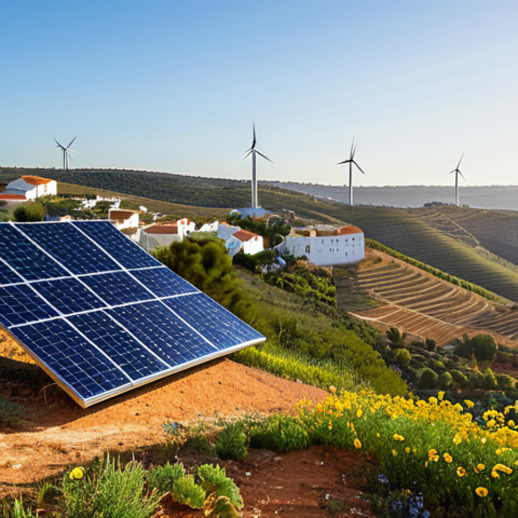 Sustainable Energy Transition in Portugal**

"A modern solar panel installation on a hillside in the Algarve region of Portugal, overlooking a traditional whitewashed village. In the background, wind turbines are subtly visible on the horizon. The scene is bathed in warm, golden sunlight, illustrating a clean energy future. Include vibrant wildflowers in the foreground. Safe for work, appropriate content, fully clothed, professional photography, perfect anatomy, natural proportions, high quality, professional, modest."

**