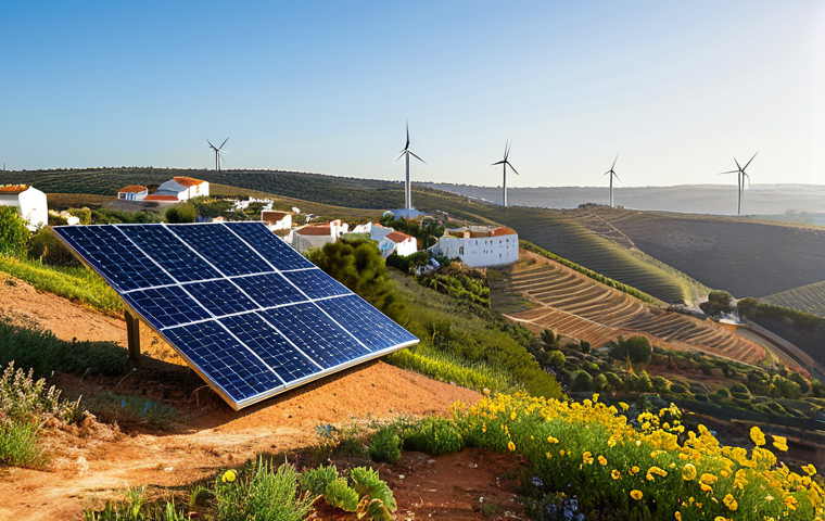Sustainable Energy Transition in Portugal**

"A modern solar panel installation on a hillside in the Algarve region of Portugal, overlooking a traditional whitewashed village. In the background, wind turbines are subtly visible on the horizon. The scene is bathed in warm, golden sunlight, illustrating a clean energy future. Include vibrant wildflowers in the foreground. Safe for work, appropriate content, fully clothed, professional photography, perfect anatomy, natural proportions, high quality, professional, modest."

**