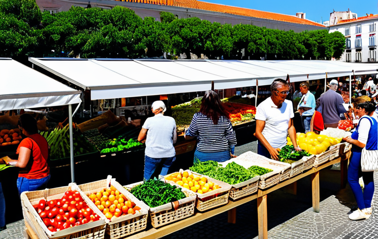 탄소예산과 친환경 경제 전환 - Sustainable Lifestyle Choices**
A bright, sunny outdoor market scene in Lisbon. People are shopping...