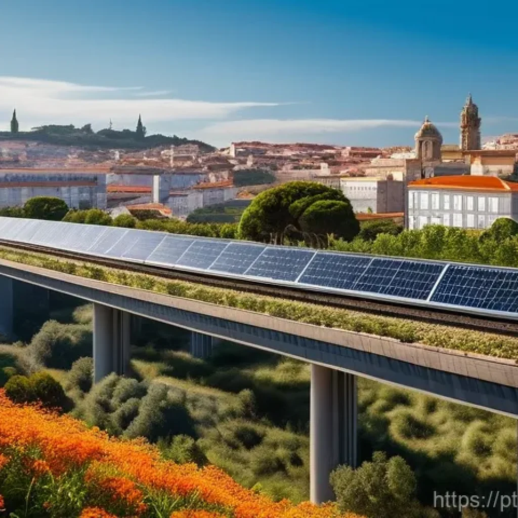 탄소예산의 법적 측면 검토 - **Prompt:** A panoramic view of a vibrant, futuristic Portuguese city seamlessly integrated with nat...