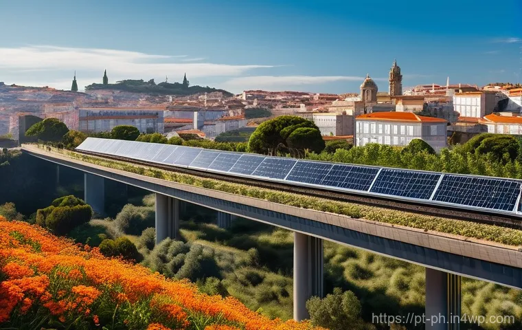 탄소예산의 법적 측면 검토 - **Prompt:** A panoramic view of a vibrant, futuristic Portuguese city seamlessly integrated with nat...