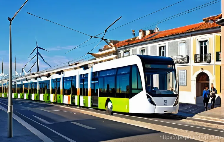 탄소예산과 온실가스 감축 목표의 연계성 - **Prompt:** A bustling, sunlit cityscape in Portugal, featuring modern electric trams and buses smoo...