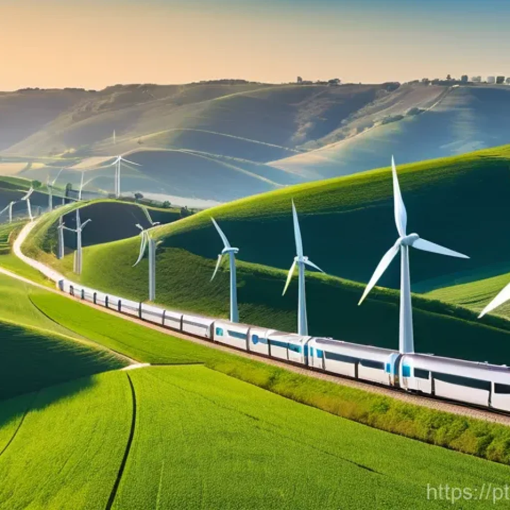 탄소예산과 기후 변화 적응 지침 - A vibrant, picturesque landscape in Portugal, showcasing modern wind turbines gently turning on roll...