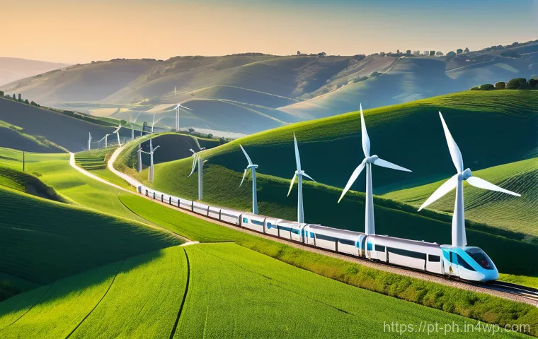 탄소예산과 기후 변화 적응 지침 - A vibrant, picturesque landscape in Portugal, showcasing modern wind turbines gently turning on roll...
