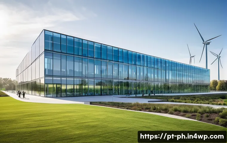 탄소예산 기반의 환경 전략 수립 방법 - **Corporate Decarbonization and Green Innovation:**
"A vibrant, high-tech corporate campus bathe...