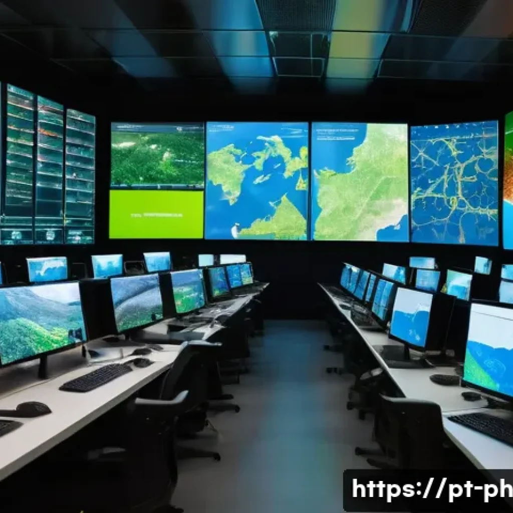 탄소예산의 평가 및 모니터링 방법 - A high-tech carbon emissions monitoring control room in Brazil, featuring multiple large digital scr...