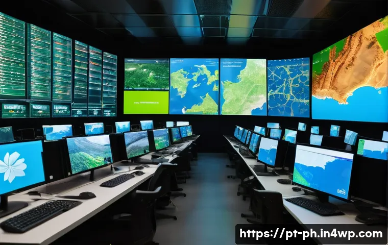 탄소예산의 평가 및 모니터링 방법 - A high-tech carbon emissions monitoring control room in Brazil, featuring multiple large digital scr...