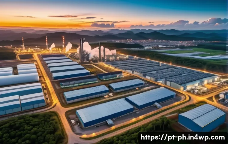 탄소예산의 실효성 평가 기준 - A detailed aerial view of a modern industrial area in Brazil at sunset, equipped with advanced satel...
